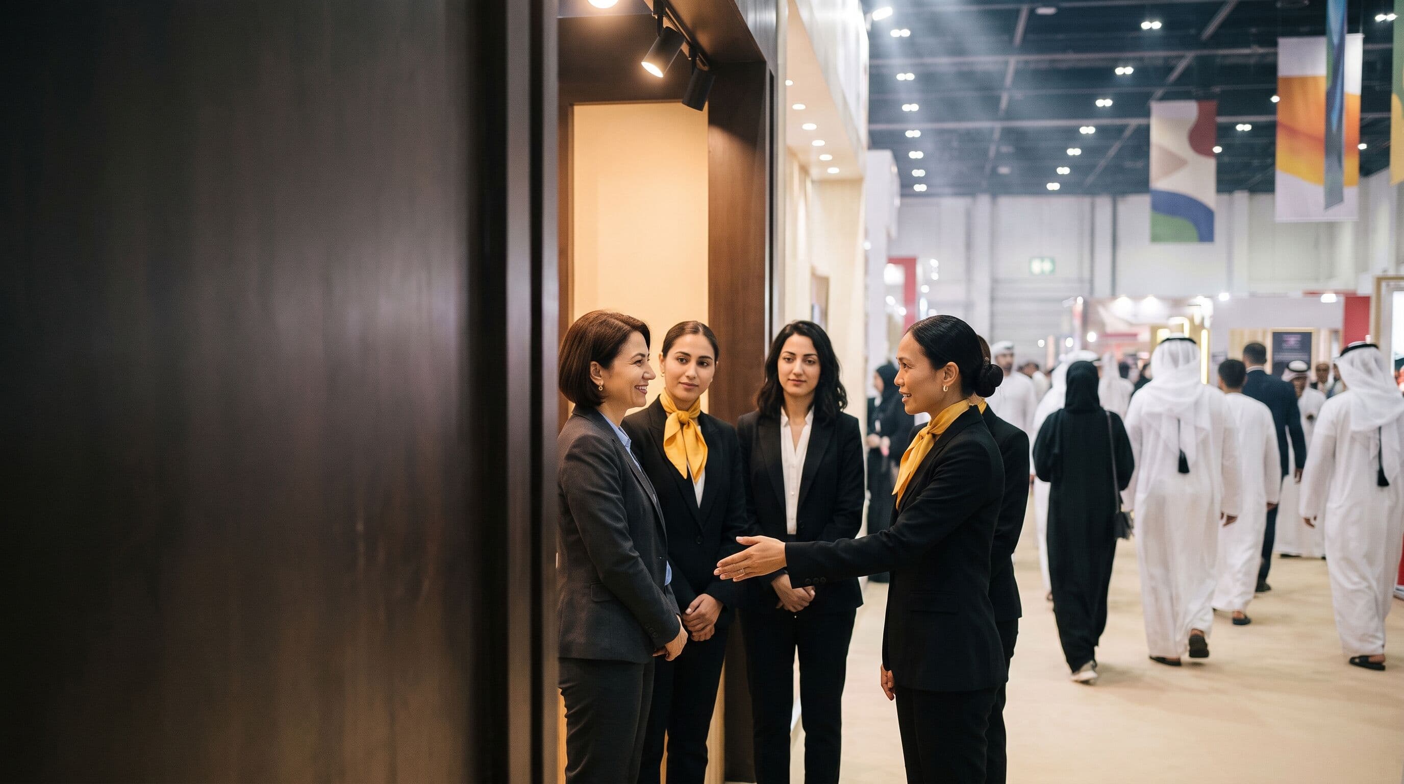10:00, a busy stand at Dubai World Trade Centre; Maya welcomes Selin, the hostesses beside them